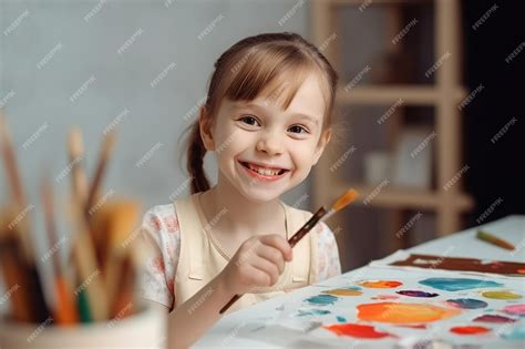 Premium Photo Girl Painting Brushes Smiling Craft Class Generate Ai